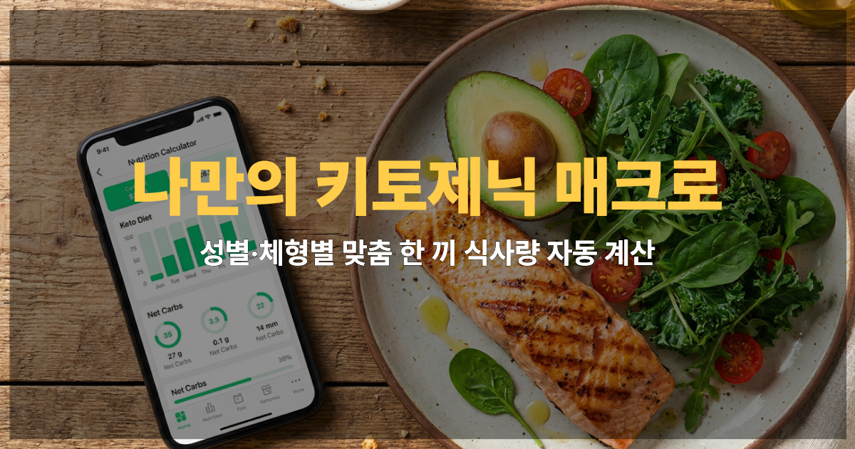 아보카도와 연어가 포함된 건강한 저탄고지 음식과 키토제닉 식단 매크로 영양 계산기 화면